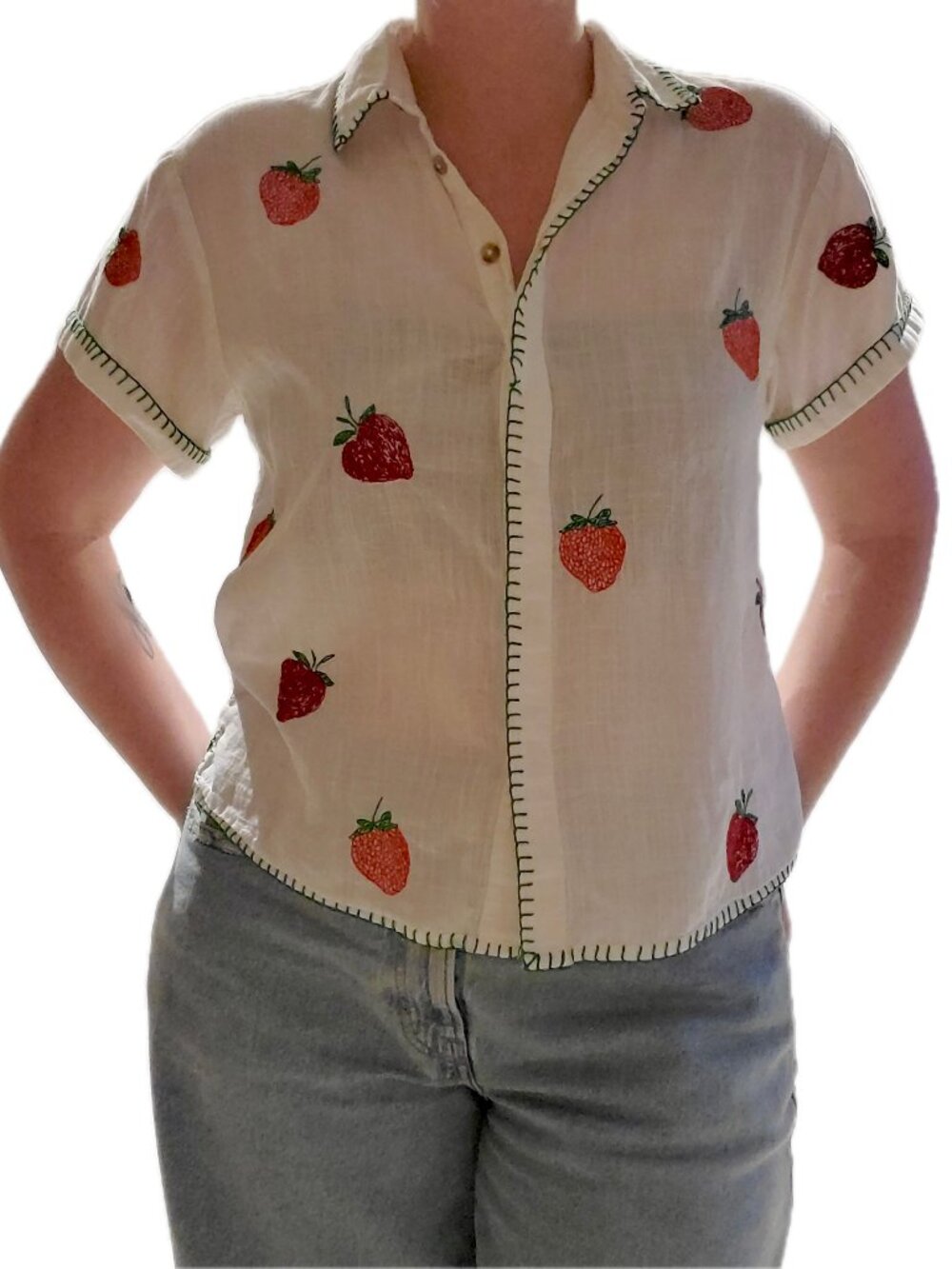 Maeve Anthropologie Whip Stitch Strawberry Buttondown XS
